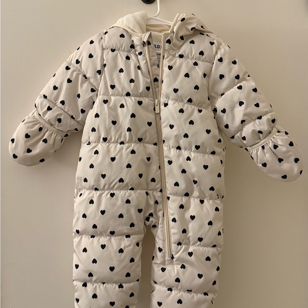 White Heart-Patterned Baby Snowsuit